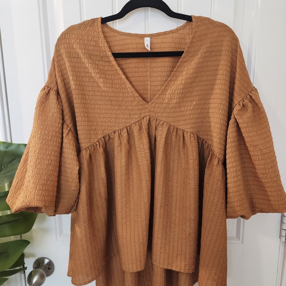 Glam Tan Textured V-Neck Babydoll Blouse